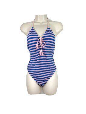 No Boundaries One Piece Swimsuit Juniors Size M 7-9 Pink Blue Stripe Lace Front
